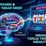 Ilustrasi siber futuristik yang menggambarkan efek dopamin dan sensasi near miss pada otak manusia yang terhubung dengan antarmuka mesin virtual.