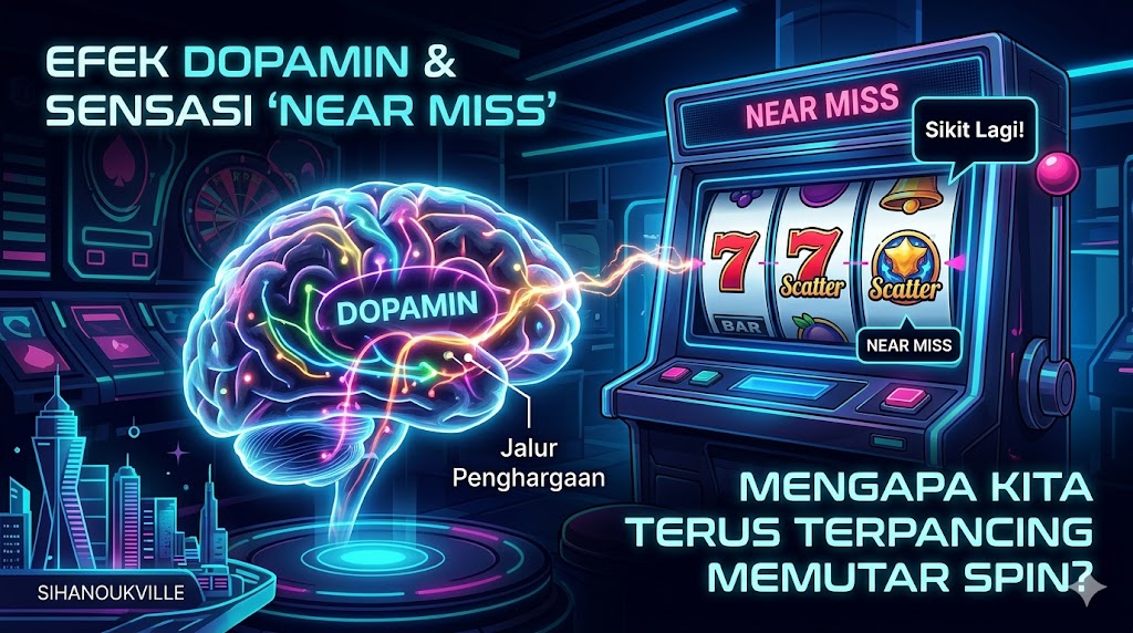 Ilustrasi siber futuristik yang menggambarkan efek dopamin dan sensasi near miss pada otak manusia yang terhubung dengan antarmuka mesin virtual.