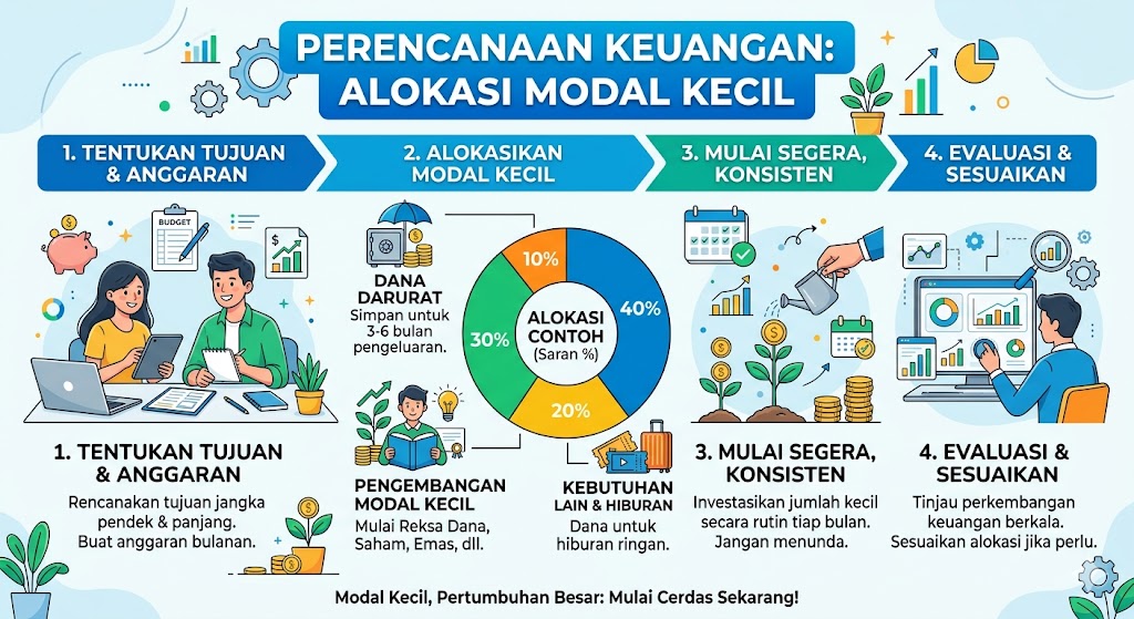 Infografis yang menjelaskan empat langkah perencanaan keuangan untuk modal kecil, meliputi ilustrasi menentukan tujuan dan anggaran, diagram lingkaran untuk alokasi dana (dana darurat, investasi, hiburan), ilustrasi menyiram tanaman koin untuk memulai investasi secara konsisten, dan ilustrasi menganalisis grafik untuk evaluasi berkala.