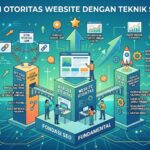 Infografis isometrik yang menjelaskan pilar utama SEO modern untuk membangun otoritas website, menampilkan blok elemen On-Page, Off-Page, Technical SEO, dan Sinyal Media Sosial yang saling terhubung membentuk fondasi kokoh, diakhiri dengan grafik panah menanjak yang melambangkan peningkatan peringkat SERP dan metrik DA/DR.