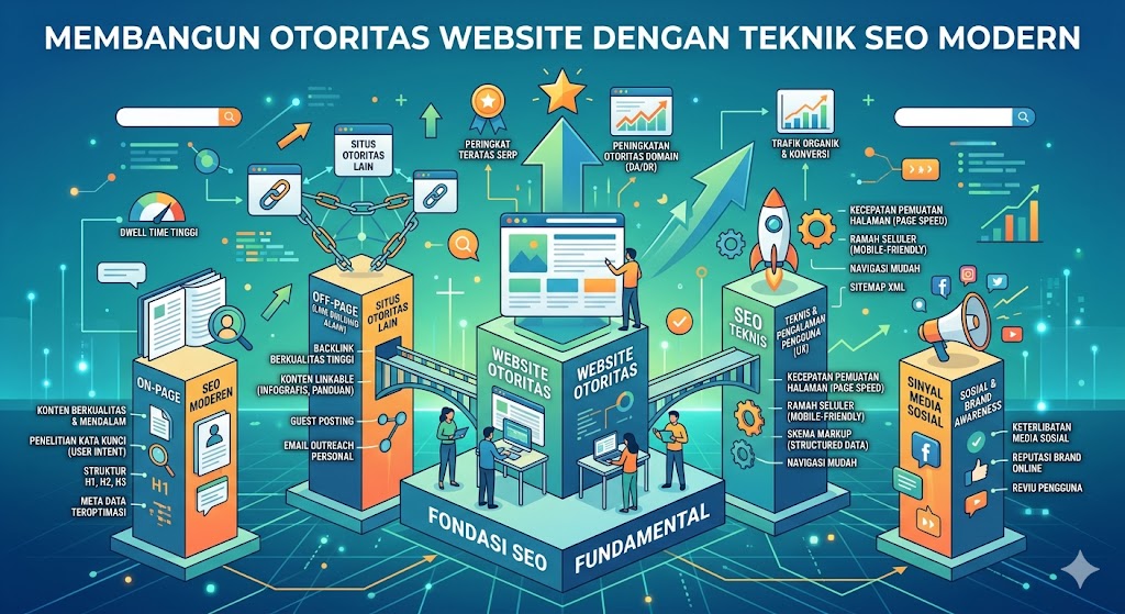 Infografis isometrik yang menjelaskan pilar utama SEO modern untuk membangun otoritas website, menampilkan blok elemen On-Page, Off-Page, Technical SEO, dan Sinyal Media Sosial yang saling terhubung membentuk fondasi kokoh, diakhiri dengan grafik panah menanjak yang melambangkan peningkatan peringkat SERP dan metrik DA/DR.